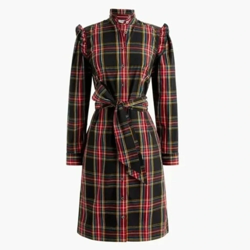 J.Crew Plaid Shirt Dress Size‎ 4P Multicolor Ruffle Trim Belted Preppy Classic